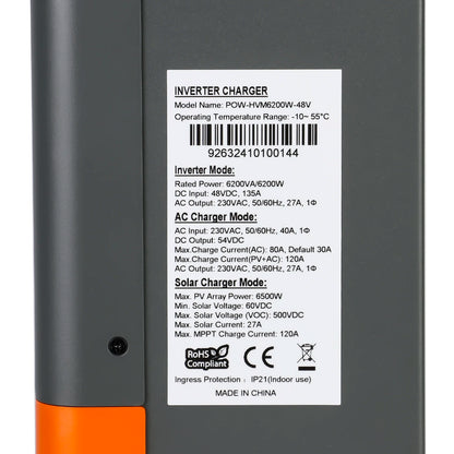 Hybride Zonnestroom Omvormer 48V – Solar Inverter – Zonne-energie Omvormer – Off-grid Converter – MPPT Omvormer – Regular Version 220-240V – 6,2 kW Maximaal Vermogen – Duale AC-uitgangen