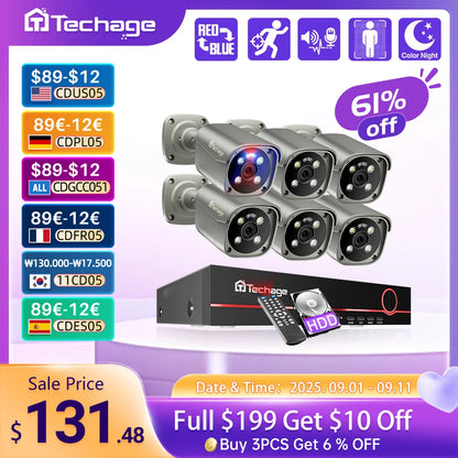 Techage 8CH 4K UHD 8MP Camera System H.265 PoE NVR Kit Outdoor Video Surveillance AI Human Detect Two-way Conversation CCTV Set - QUORE