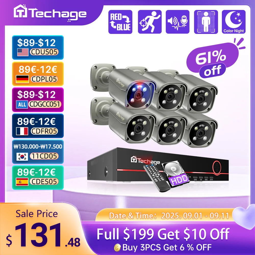 Techage 8CH 4K UHD 8MP Camera System H.265 PoE NVR Kit Outdoor Video Surveillance AI Human Detect Two-way Conversation CCTV Set - QUORE
