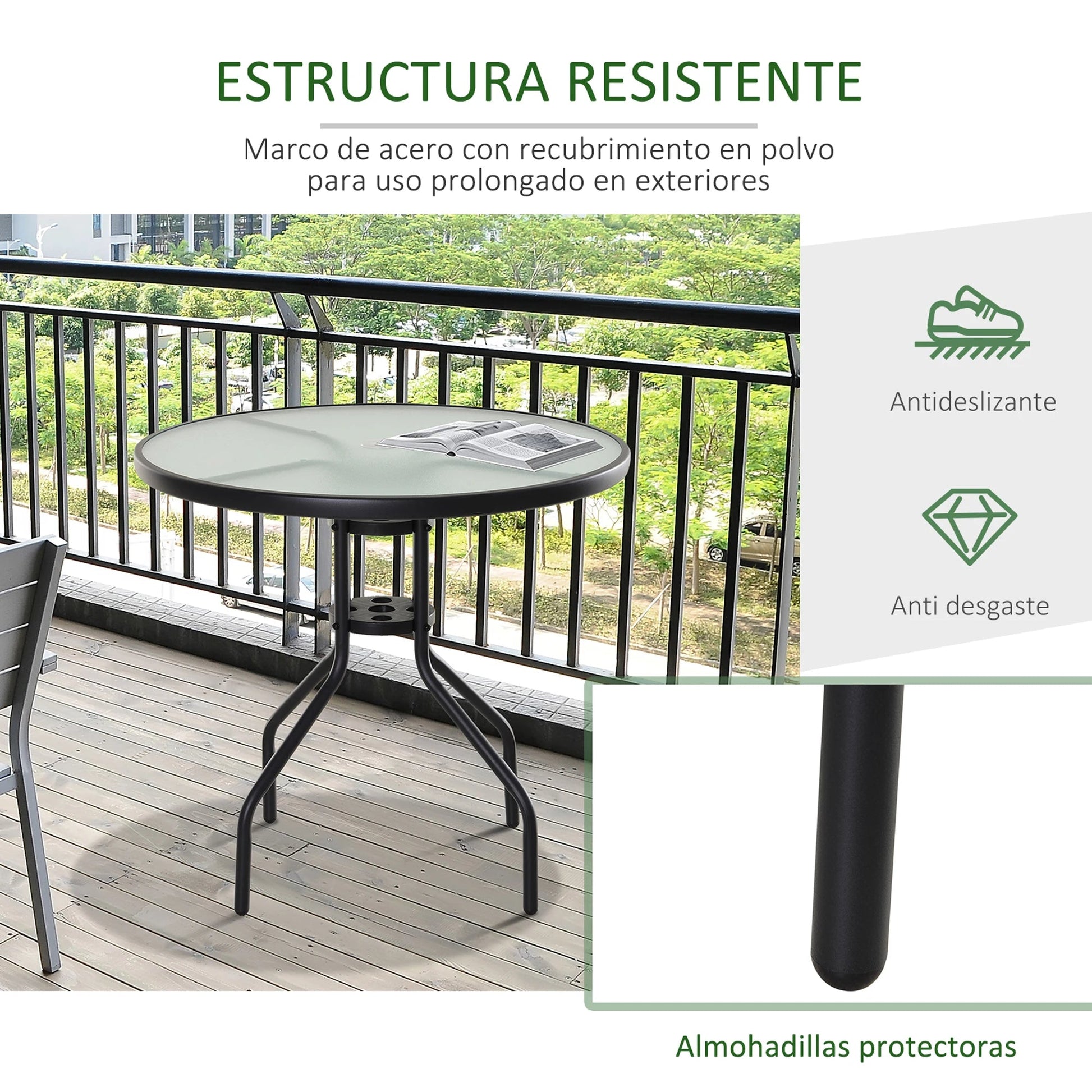 Tuintafel - Tuintafel Rond - Bijzettafeltje - Metaalenbijzettafel - Bistrotafel - Salontafel - met Gat voor Paraplu - voor Terras - Tuin - Ø80 x 72 cm - Zwart - QUORE