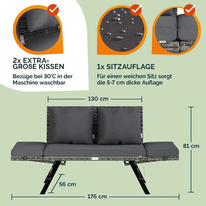 Tuinbank – Buitenbank – Ligbank – Polyrattan Bank – 2-In-1 Ligstoel – Weerbestendig – 240 Kg Draagkracht