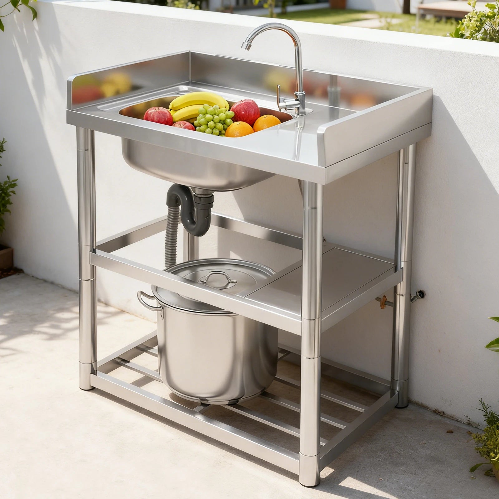 2-Tier Stainless Steel Single Bowl Sink with Worktop and Faucet, 100KG Capacity Floor Standing Kitchen Hand Washing Station - QUORE