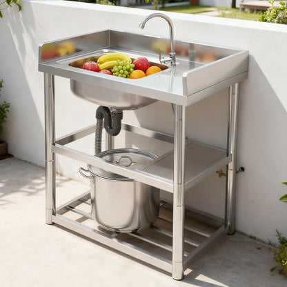 2-Tier Stainless Steel Single Bowl Sink with Worktop and Faucet, 100KG Capacity Floor Standing Kitchen Hand Washing Station - QUORE