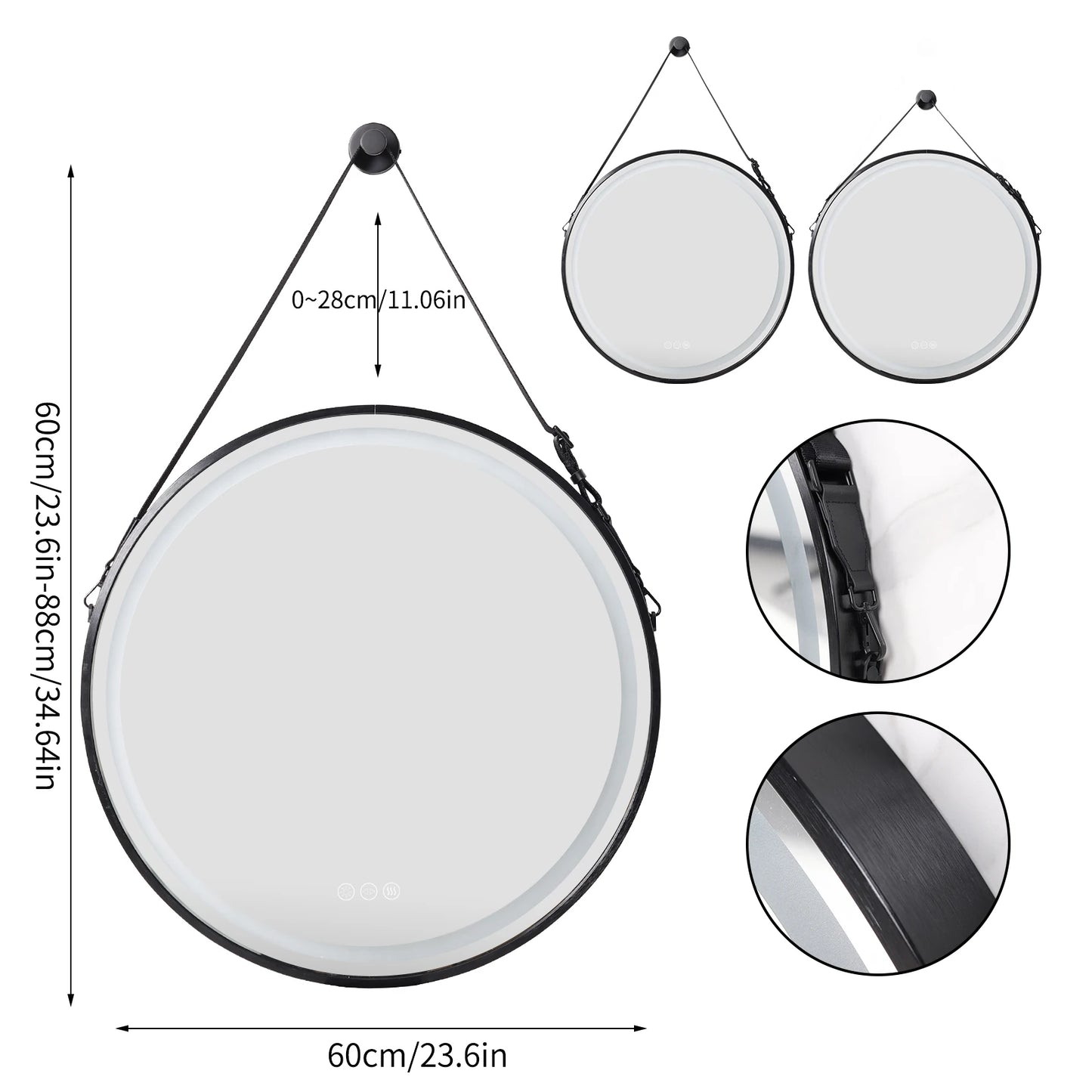 Badkamerspiegel - Ronde LED - Wandspiegel - met Anti-Fog Functie - Dimbaar en Aluminium Frame - Hoogwaardig HD Glas - Waterbestendig - Zwart 60CM