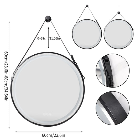 Badkamerspiegel - Ronde LED - Wandspiegel - met Anti-Fog Functie - Dimbaar en Aluminium Frame - Hoogwaardig HD Glas - Waterbestendig - Zwart 60CM