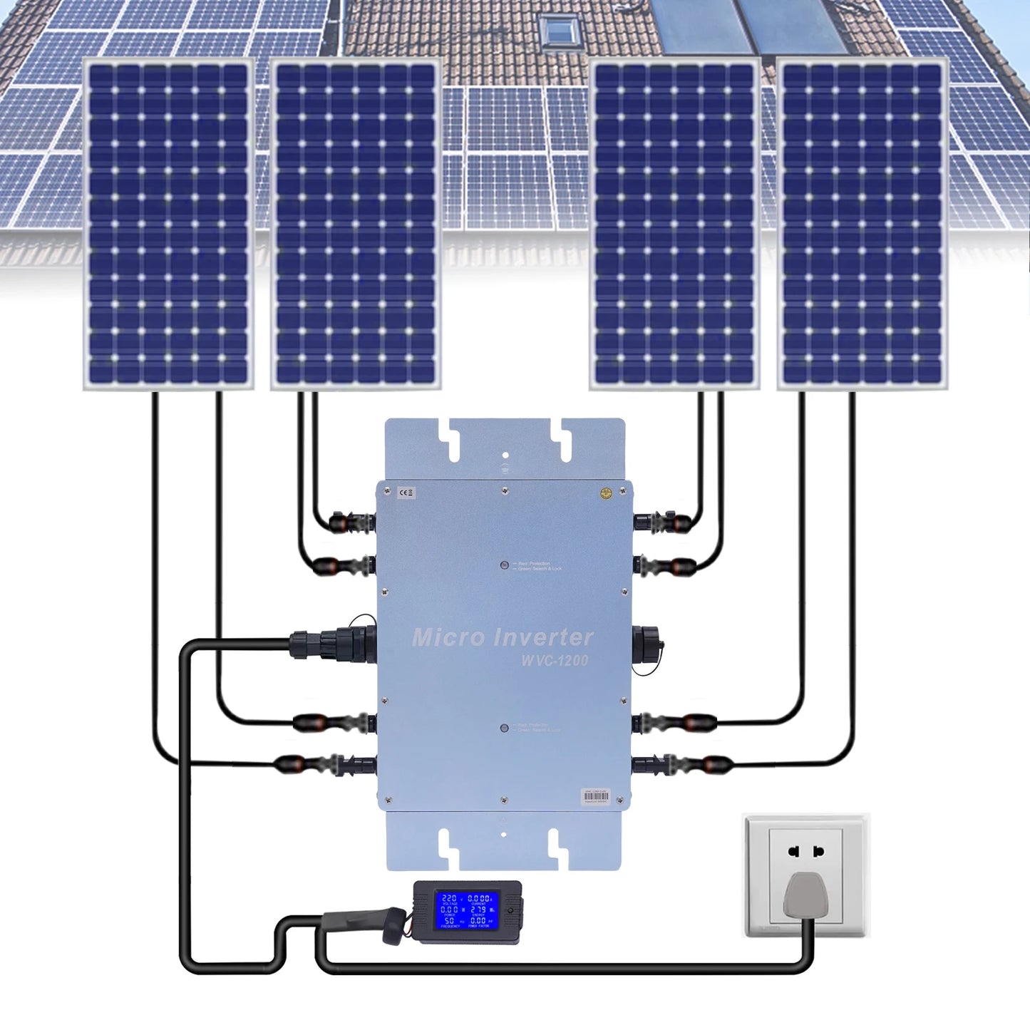 WVC-1200W Solar Grid Tie Micro Inverter IP65 Waterproof MPPT 220V Solar Microinverter DC22-50V for 30V/36V Solar Panels, EU Plug - QUORE