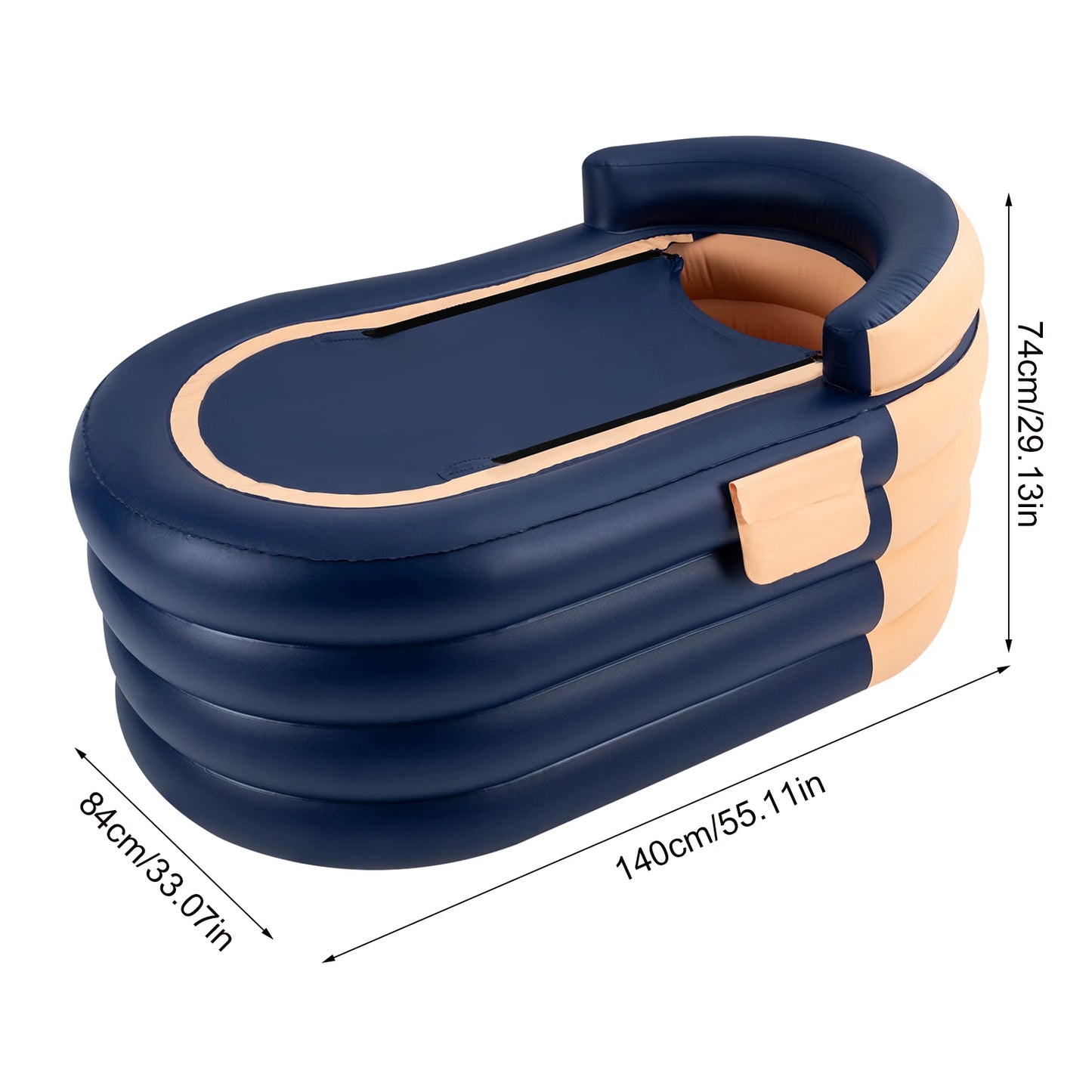 Opblaasbaar Bad voor Volwassenen – Opvouwbare Badkuip 140x84x74 cm  – Inclusief Pomp – Comfortabel Thuisbad voor Binnen en Buiten – Blauw met Oranje - QUORE