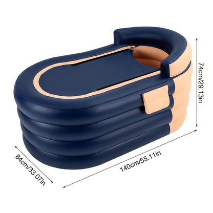 Opblaasbaar Bad voor Volwassenen – Opvouwbare Badkuip 140x84x74 cm  – Inclusief Pomp – Comfortabel Thuisbad voor Binnen en Buiten – Blauw met Oranje - QUORE