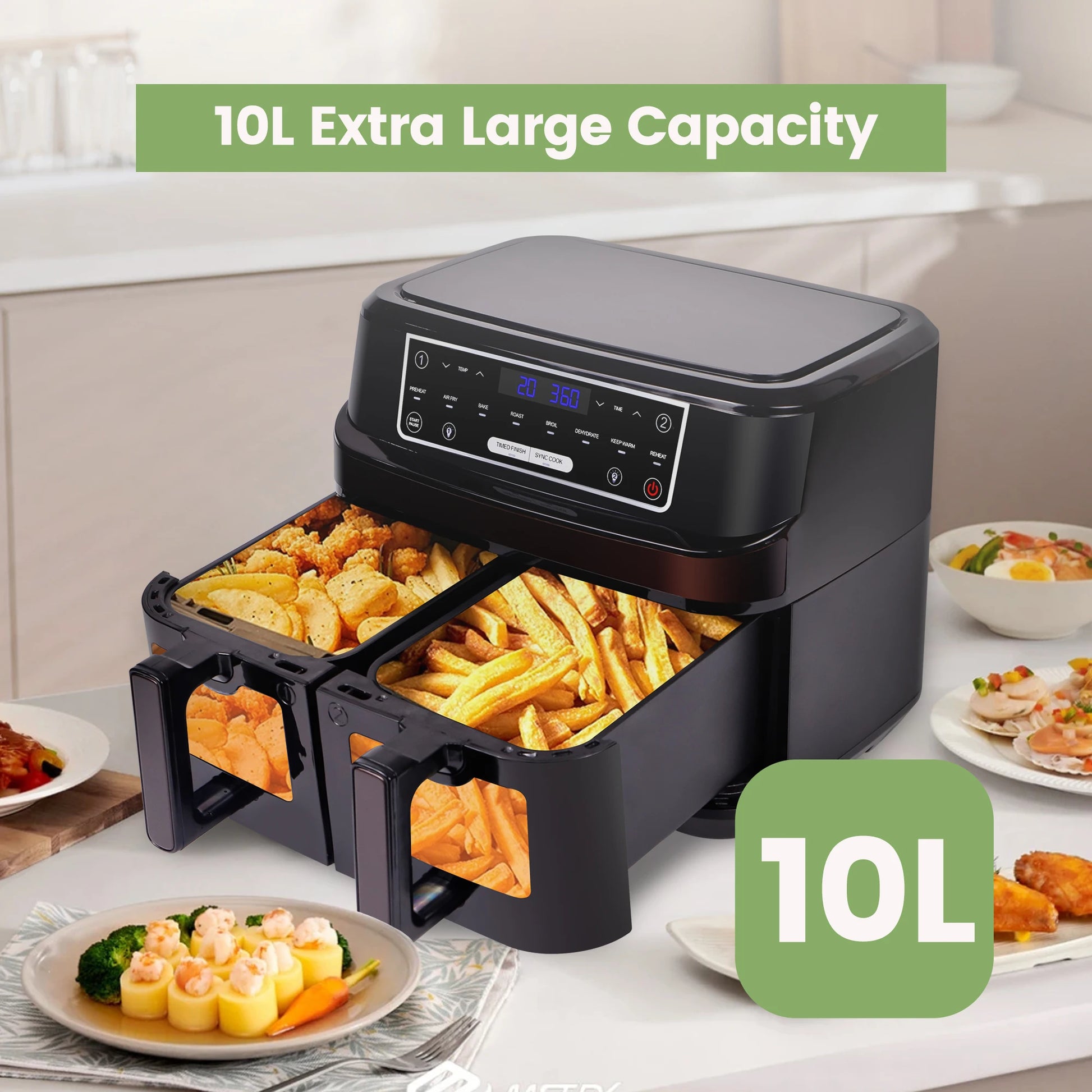Heteluchtfriteuse 10L – Airfryer - Dubbele Lades – 2000W - 240V - Touchscreen – 8 Automatische Programma's – Kijkvenster - Zwart - QUORE