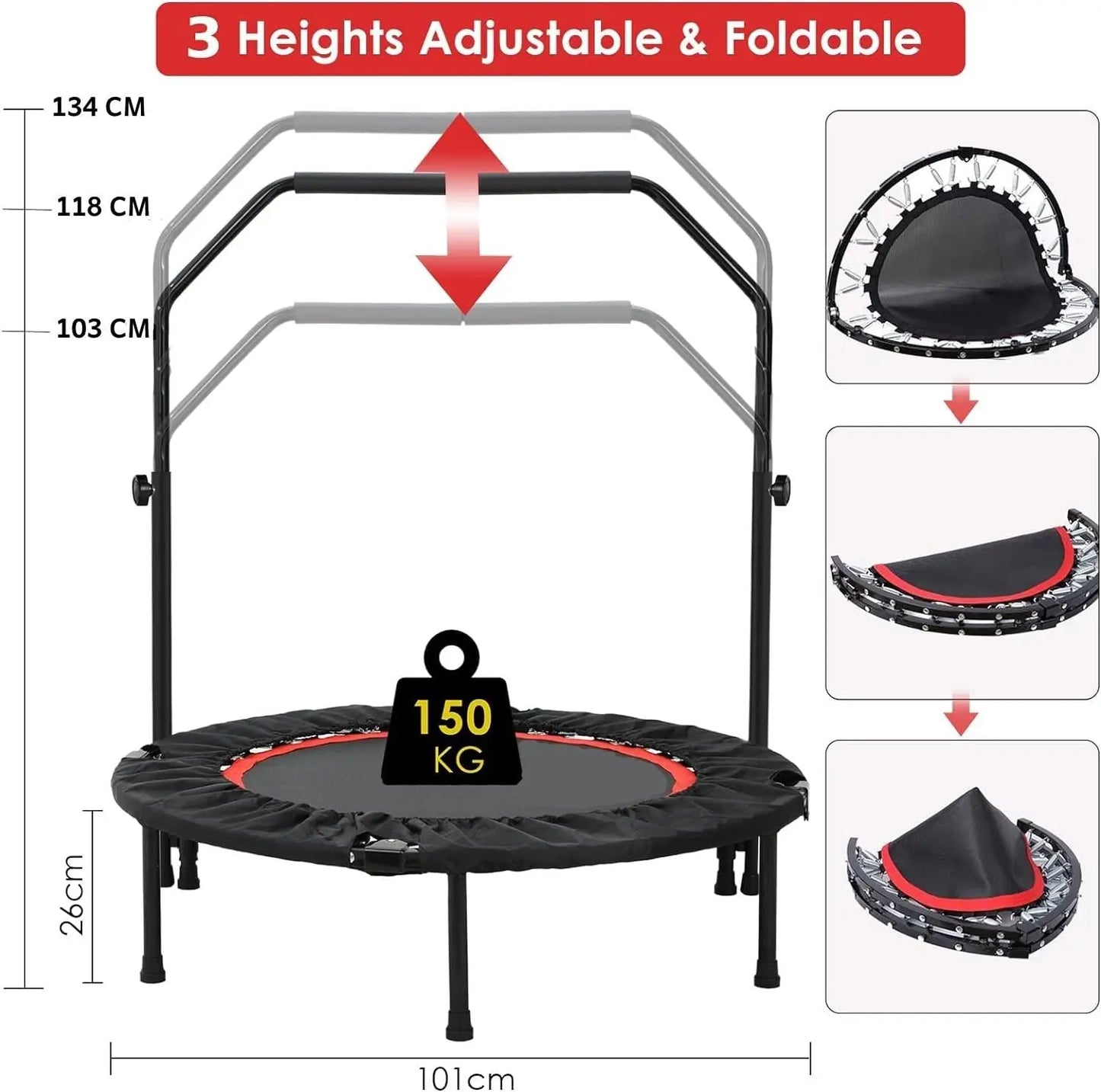 Folding Mini Trampoline,Exercise Trampoline with Adjustable Handle, Rebounder Trampoline for Adults Fitness, Indoor Trampoline