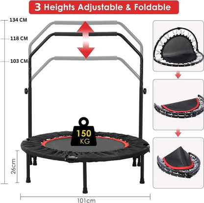 Folding Mini Trampoline,Exercise Trampoline with Adjustable Handle, Rebounder Trampoline for Adults Fitness, Indoor Trampoline