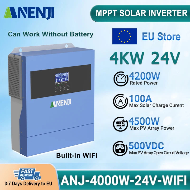 Hybride Zonne-omvormer – Solar Inverter – Off-grid Omvormer – Zonnepanelen Omvormer – 24V Zonne-omvormer – 4 kW Vermogen – MPPT Solar Controller Met WiFi