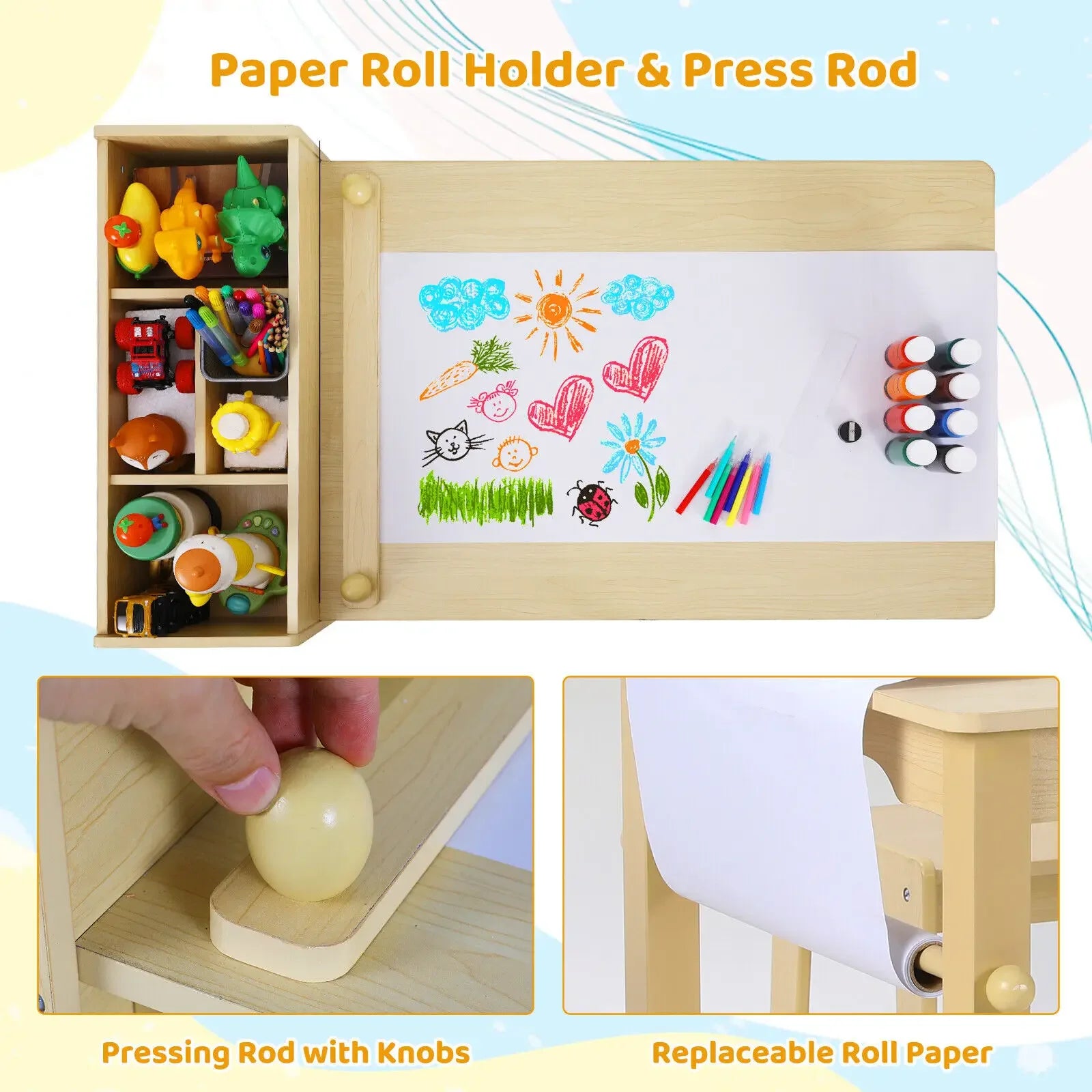 Kinderkunsttafel En Stoelen Set – Knutseltafel – Tafel Met Stoelen – Creatieve Speeltafel – Houten Kunsttafel – Papierrolhouder – Ergonomische Stoelen - Grey - QUORE