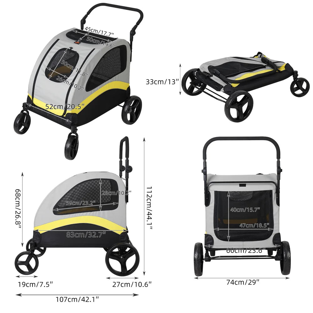Hondenbuggy – Hondenwagen – Dierenwagen – Huisdierenbuggy – Loopwagen – XL Formaat – Stevig Metaalframe – 4 Draaibare EVA-Wielen