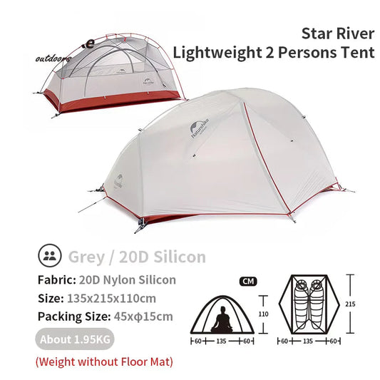 2-Persoons Tent – Camping Tent – Trekking Tent – Bivak Tent – Ultralicht Tent – Grijze Kleur – Waterdicht >3000 mm – Lichtgewicht Aluminium Frame