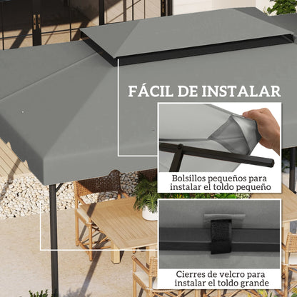 Gazebo - Tuin Dak - Reservedak - 2 Niveaus - Pergola Awning - met 180 g/m² Ademend Anti-UV Polyesterweefsel - PA-Coating - 10 Drainagegaten - Stevig - Durzaam - voor Tuin - Buiten - 3 x 4 m - Lichtgrijs