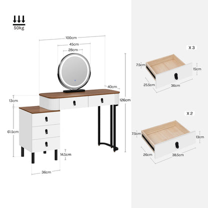 Make-up tafel – Kaptafel – Make-up meubel – Make-up bureau – Variant bruin met kruk – Dimbare 3-stand LED-verlichting – 5 ruime lades van duurzaam MDF