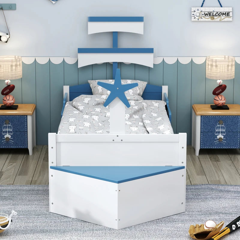 Houten kinderbed - Zeilbootvorm - Lades - Opbergkast Aan Het Einde Van Het Bed - Eenpersoonsbed - Blauw