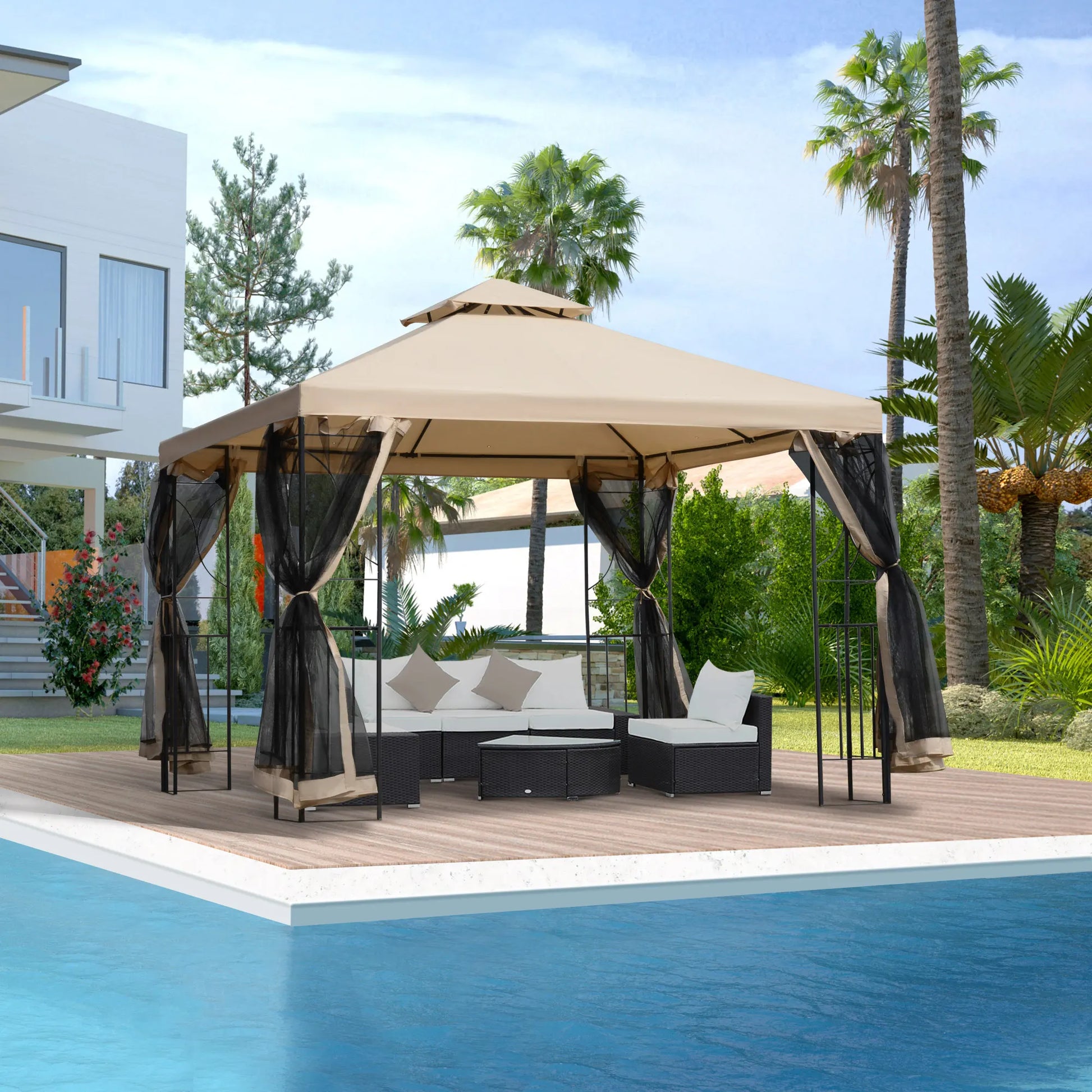 Tuinpaviljoen – Tuintent – Overkapping – Tuinhuis – Zomerhuis – Waterafstotend Polyester Dak – Metalen Frame Met Planken - QUORE