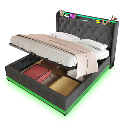 Opbergbed – Bed Met Opbergruimte – Slaapbank – Boxspring – Bedframe – Donkergrijs 160x200 cm – LED-Verlichting Met 360° Surround – USB Type-C Oplaadpoort