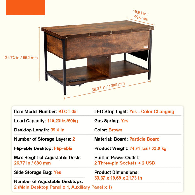 Koffietafel - Table - Coffe table - Living Room Table - Lift Top salontafel - tafel met extra opbergruimte - omklapbare salontafel voor de woonkamer - 39.4in - Bruin - 74.74lbs