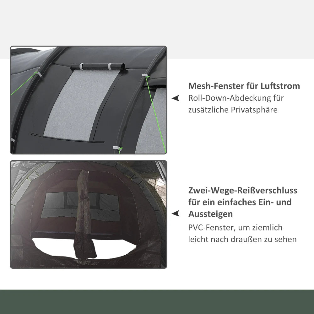 Tunneltent – Campingtent - 4-Persoons Tent – Kampeertent – Gezinstent – Waterdicht – 2 Gescheiden Ruimtes – Glasvezelstokken - 475 x 264 x 172 cm - Zwart