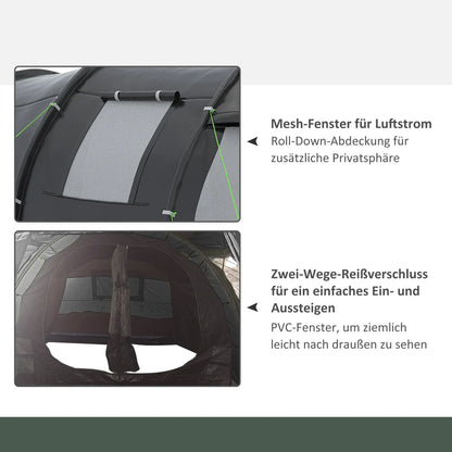 Tunneltent – Campingtent - 4-Persoons Tent – Kampeertent – Gezinstent – Waterdicht – 2 Gescheiden Ruimtes – Glasvezelstokken - 475 x 264 x 172 cm - Zwart