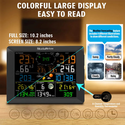 Weerstation – Weermeter – Hygrometer – Thermometer – Luchtvochtigheidsmeter – Groot 10 Inch Display – Draadloos Met Buitensensor En Solar-ondersteuning