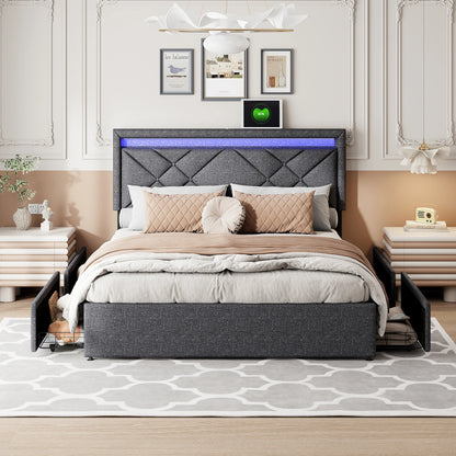 Comanlai 140x200cm/160x200cm Upholstered Bed with 4 Drawers,Headboard with USB Charging Port and LED Lighting,Double Bed,Linen