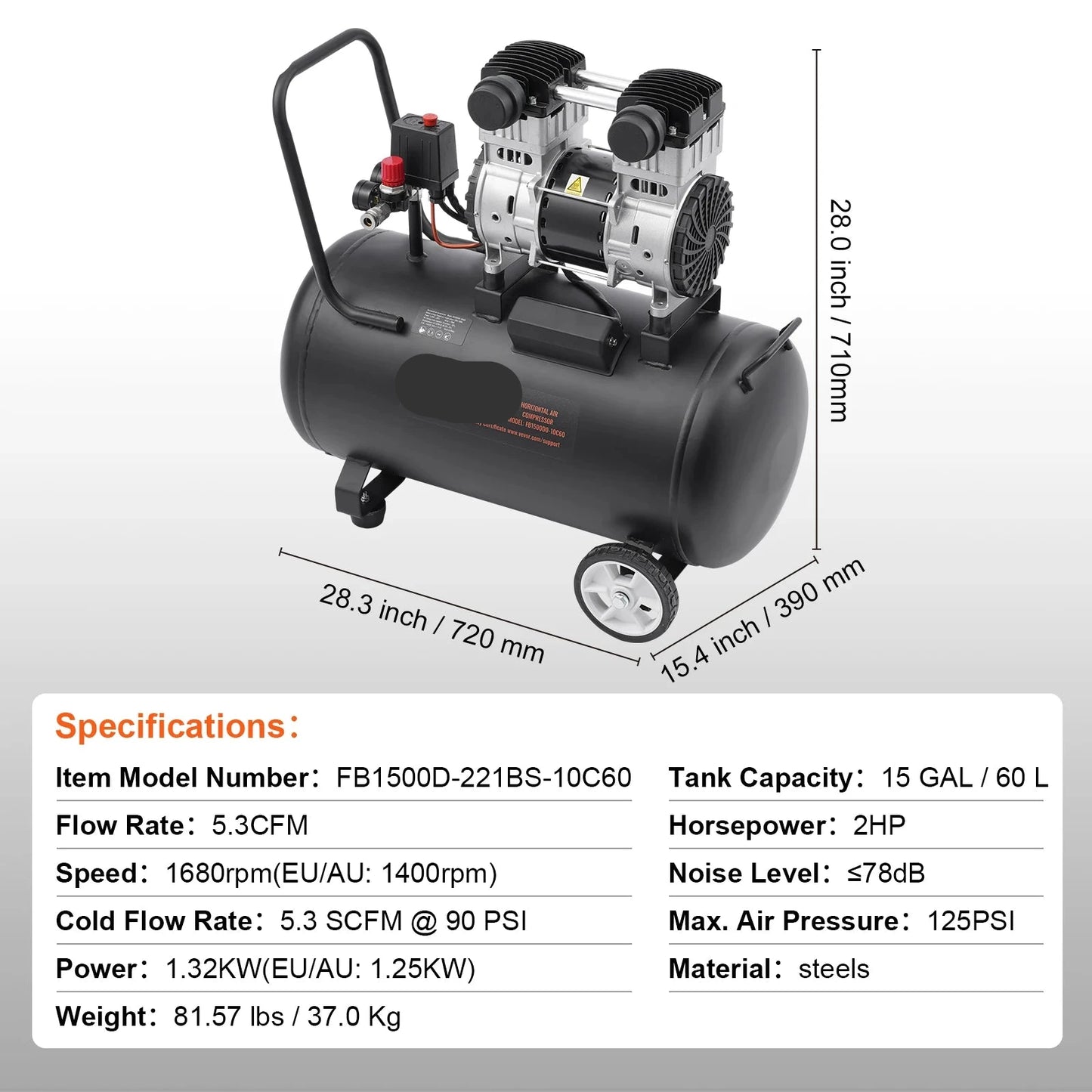 Stille Luchtcompressor - Airpress Compressor - Luchtcompressor Bandenpomp - Airpress - Elektrische Compressor - 1.32KW - 78dB - Olievrije - 60 Gallon - Draagbare - Voor Auto Reparatie - Bandenvulling - Gereedschap