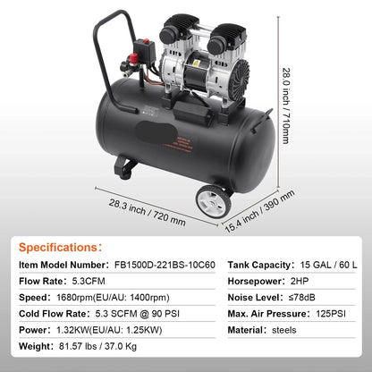 Stille Luchtcompressor - Airpress Compressor - Luchtcompressor Bandenpomp - Airpress - Elektrische Compressor - 1.32KW - 78dB - Olievrije - 60 Gallon - Draagbare - Voor Auto Reparatie - Bandenvulling - Gereedschap