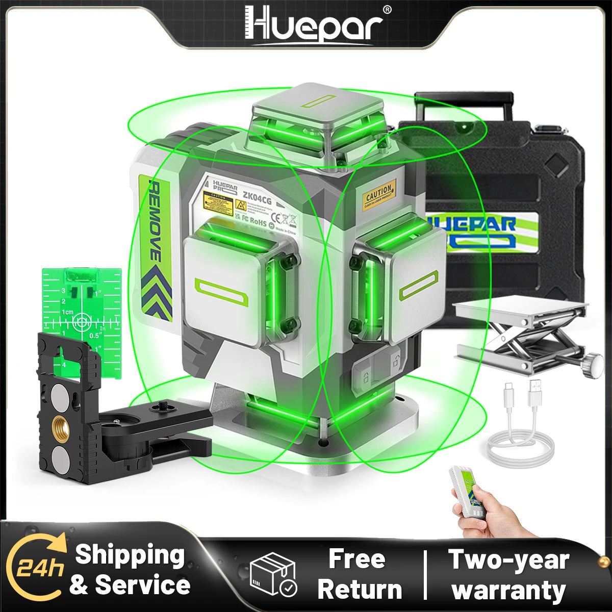 Huepar ZK04CG-L 4D Cross Laser Level ±2mm/10m Accuracy Self-leveling Green Laser Tools & Remote Control & 8000mAh Li-ion Battery - QUORE