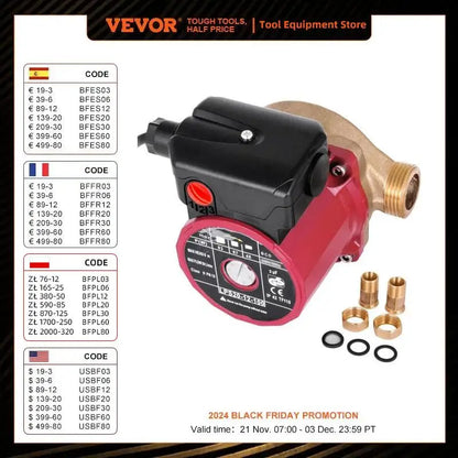 VEVOR Water Circulation Pump Water Pressure Booster Pump 50L/min 3-Speed Control for Hot Water Circulating Warm, Shower & Garden