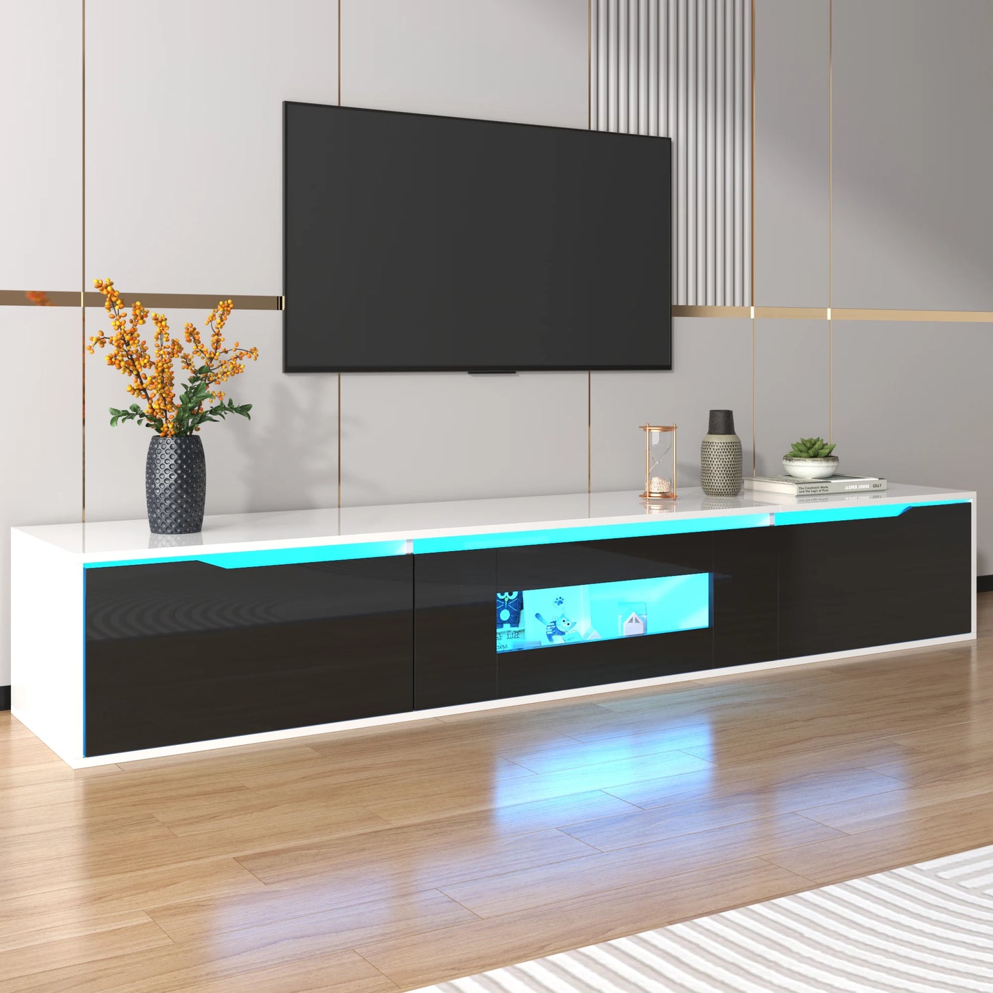 Modern TV-meubel – TV-kast – TV-dressoir – TV-standaard – Media meubel – Zwart-wit hoogglans – Ingebouwde 16-kleuren LED-verlichting – 180 x 30 x 35 cm