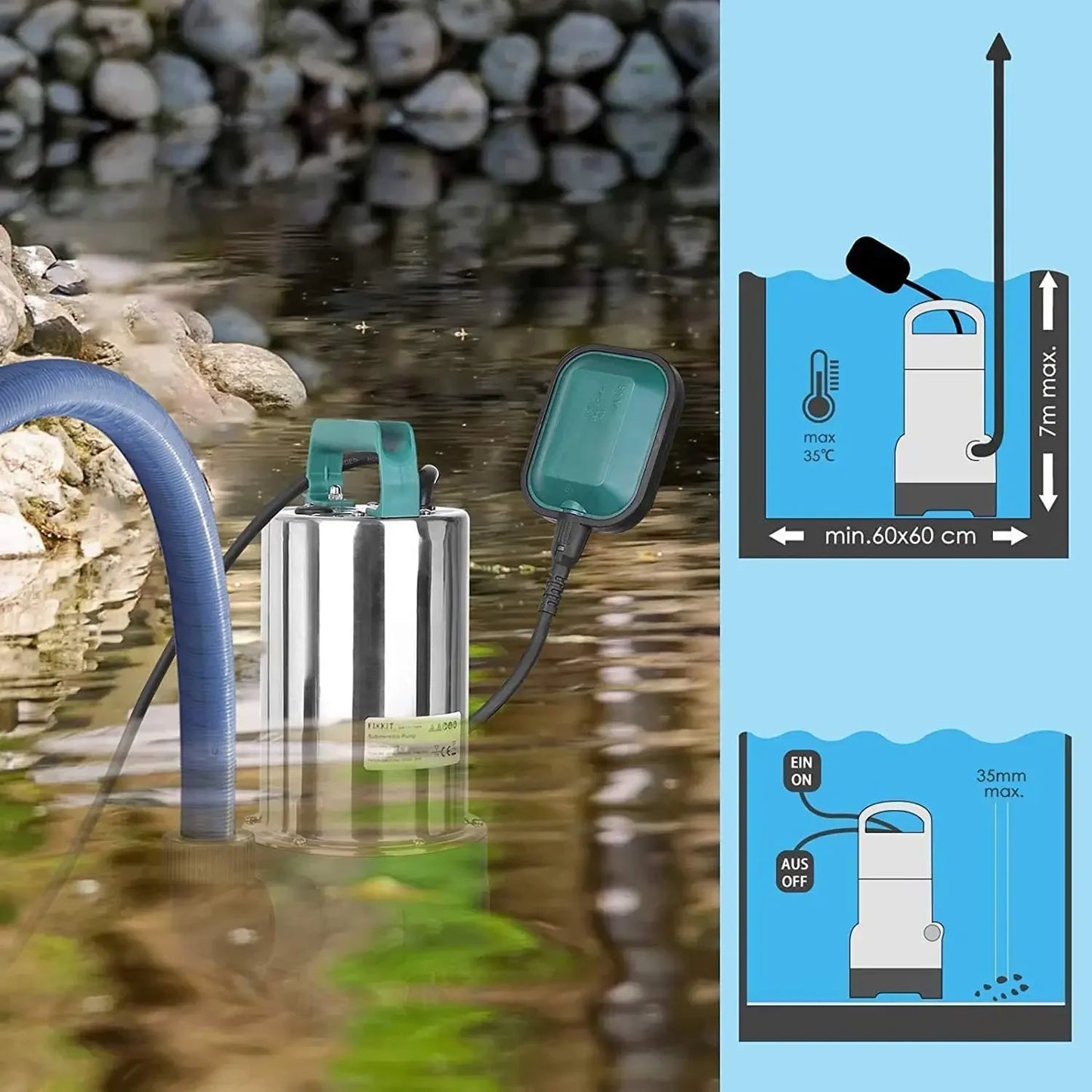 Dompelpomp - Waterpompen - Waterpomp Elektrisch - Vuilwaterpomp - 1100W - 16500 L/h Capaciteit - RVS Waterpomp met Vlotterschakelaar - Zwart