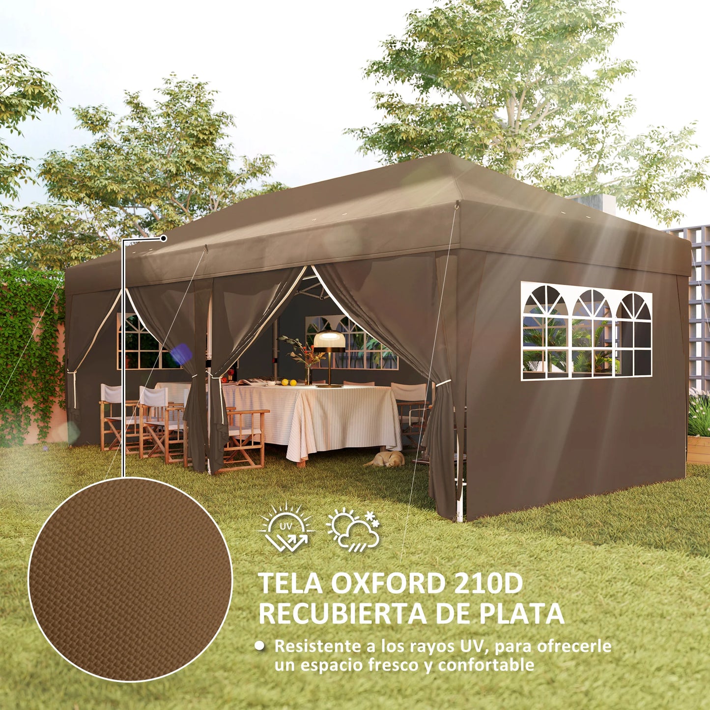 Opvouwbare Tuin Tent – Pop-Up Tent – Buiten Tent – Feest Tent – 6x3 Meter – Waterafstotend Polyester – Verstelbare Hoogte - Bruin - QUORE
