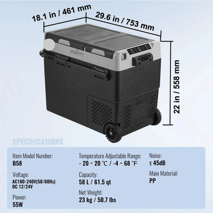 Auto Koelkast - Auto Koelbox Compressor - Camping Koelkast - met Wielen - 12V/24V - 58L - Draagbare - Koelen en Vriezen - -20°C tot +20°C - Energiezuinig - Voor Auto - Camper - en Camping