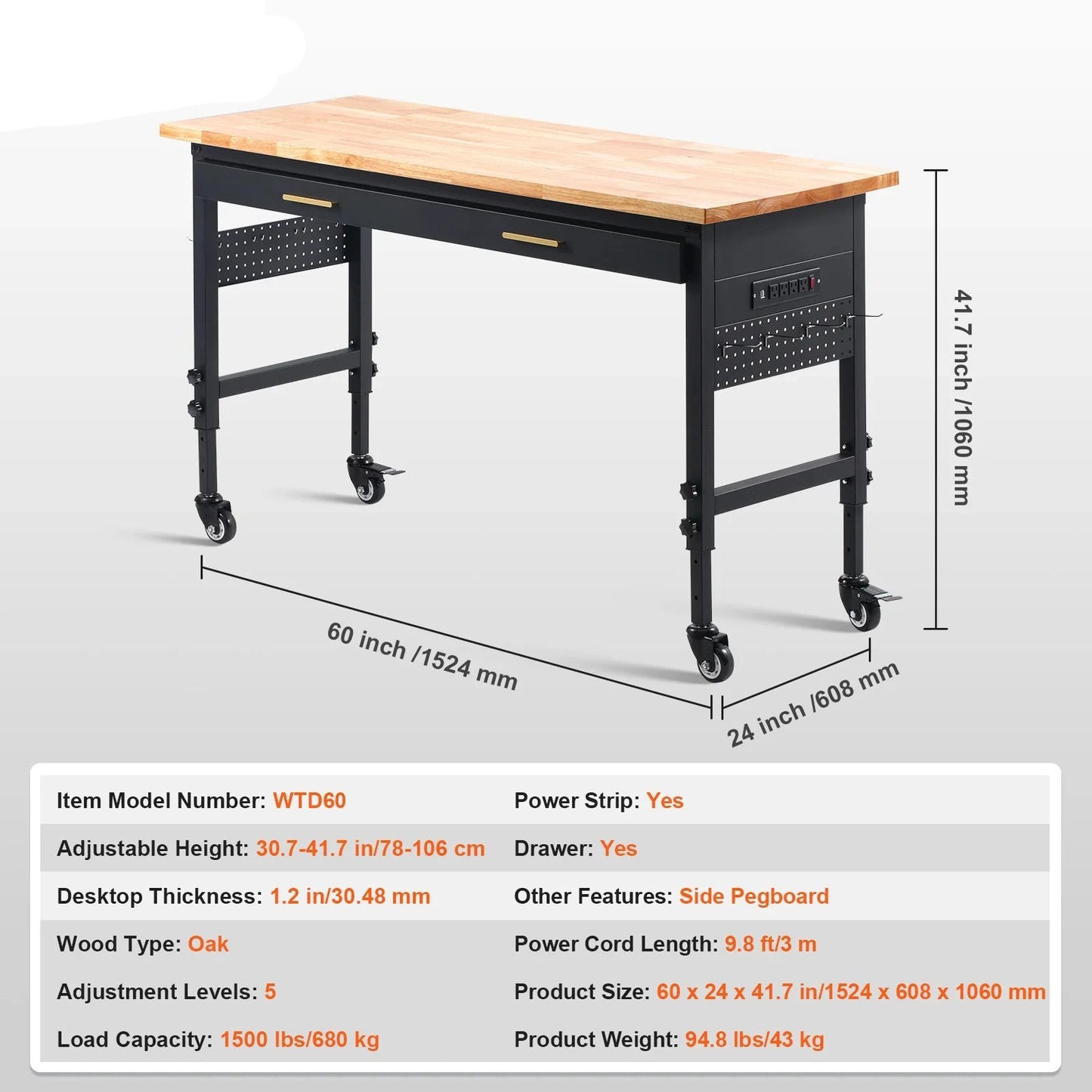Verstelbare Werkbank - Werktafel - Industriële Werkbank - Garage Werkbank - Kantoor Tafel - 1500lbs - 60x24 Inch - Eikenhouten - met Lade - Pegboard - Wielen & Stroomvoorziening - Voor Garage - Werkplaats & Kantoor