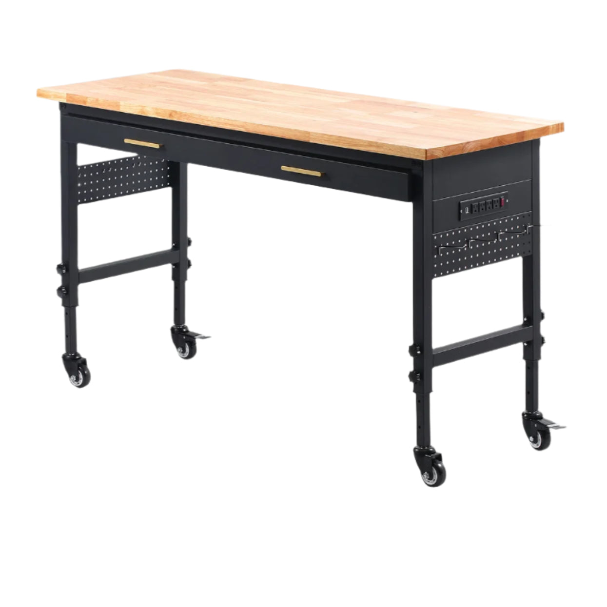 Verstelbare Werkbank - Werktafel - Industriële Werkbank - Garage Werkbank - Kantoor Tafel - 1500lbs - 60x24 Inch - Eikenhouten - met Lade - Pegboard - Wielen & Stroomvoorziening - Voor Garage - Werkplaats & Kantoor