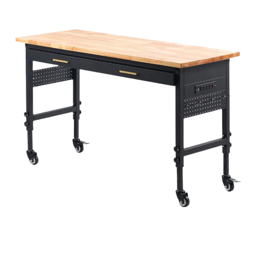 Verstelbare Werkbank - Werktafel - Industriële Werkbank - Garage Werkbank - Kantoor Tafel - 1500lbs - 60x24 Inch - Eikenhouten - met Lade - Pegboard - Wielen & Stroomvoorziening - Voor Garage - Werkplaats & Kantoor
