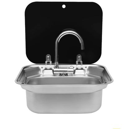 RVS Spoelbak – Camper Spoelbak – Caravan Wasbak – Boot Spoeltafel – Inbouw Spoelbak – Compact 41,5 x 37 x 16 cm – Temperglaas Deksel & Inklapbare Kraan