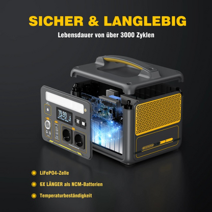 Powerstation - Stroomgenerator - Mini-Generator - Draagbare - Krachtcentrale - met 2 x 110W Zonnepaneel - AC Stopcontacten - LiFePO4 Batterij - voor Thuis - Tenten - Buiten - Kamperen - 299Wh - 600W - Zwart/Geel