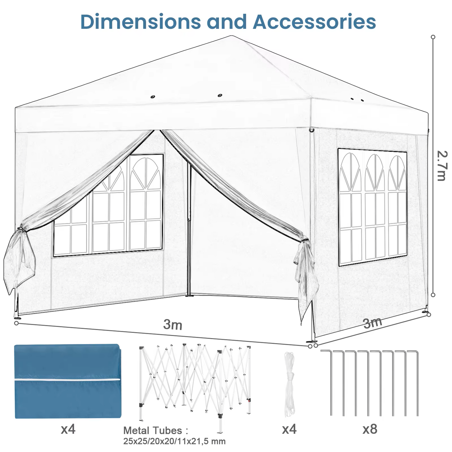 Paviljoen - Tuinpaviljoen - Partytent - Tuintent - Pop-up Kliksysteem - Stabiel - Vouwtent - met Zijwanden - voor 4-6 Personen - Opvouwbaar - Waterdicht - Winterbestendig - 50+UV-Bescherming - voor Tuin - Buiten - Achtertuin - 3 x 3 m - Blauw