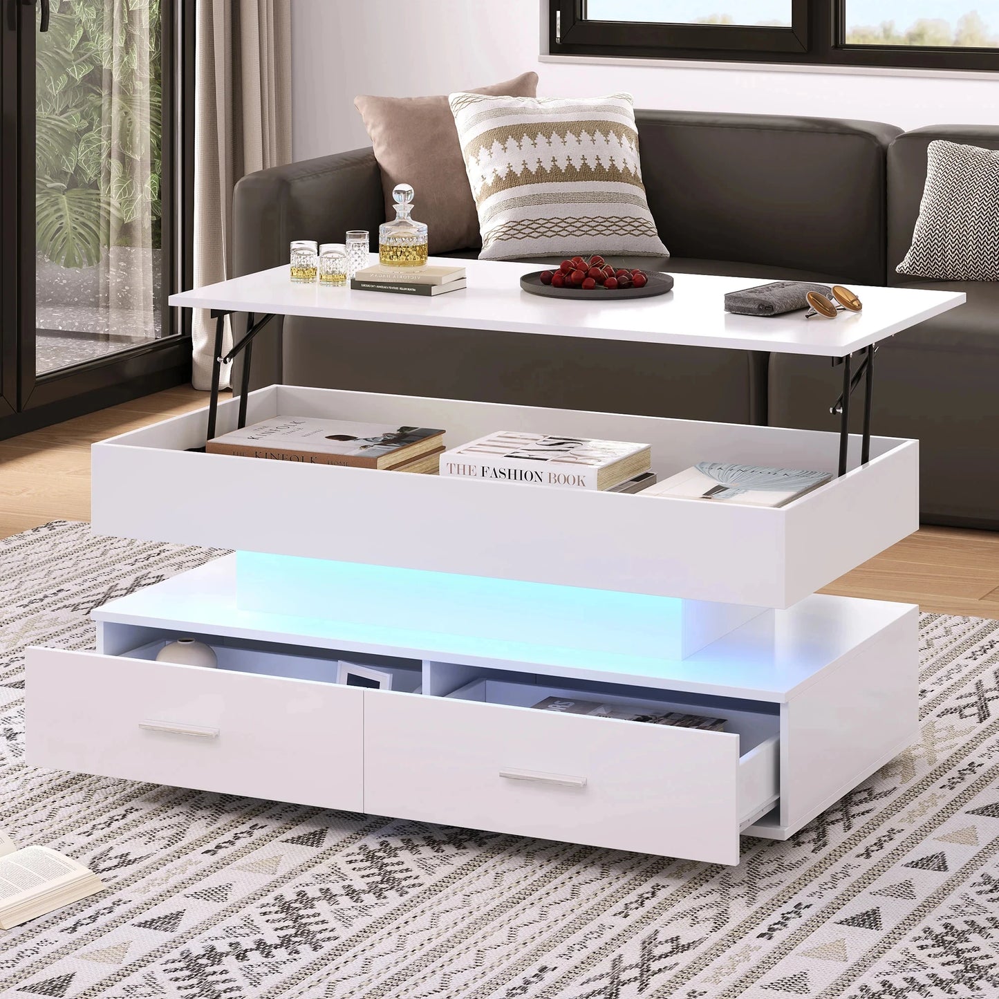 Salontafel – Witte Tafel – Koffietafel – Verstelbare Tafel – Opbergtafel – Hydraulische Hoogteverstelling – LED-Verlichting Met Bluetooth