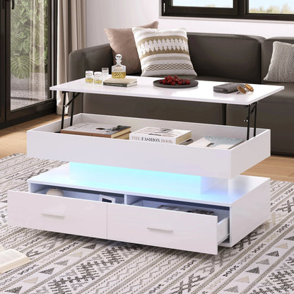 Salontafel – Witte Tafel – Koffietafel – Verstelbare Tafel – Opbergtafel – Hydraulische Hoogteverstelling – LED-Verlichting Met Bluetooth