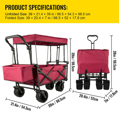 Tuinkar – Opvouwbare - met Dak - Boodschappen - Transport - Wagen - Strand - Bolder - All-Terrain Wielen - Zonbescherming - Heavy-duty - Draagbare - 100kg -  Donker Rood