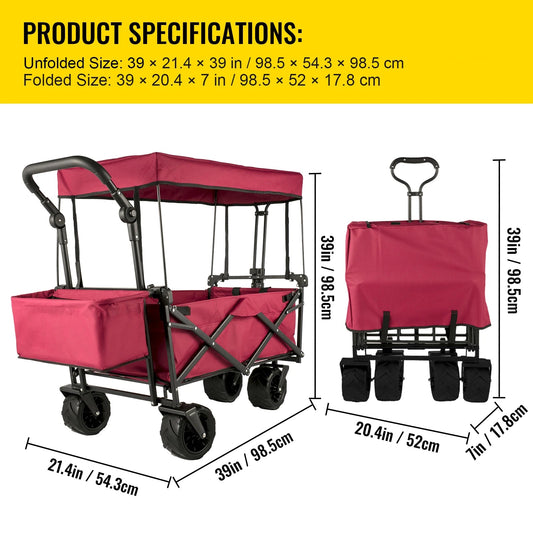 Tuinkar – Opvouwbare - met Dak - Boodschappen - Transport - Wagen - Strand - Bolder - All-Terrain Wielen - Zonbescherming - Heavy-duty - Draagbare - 100kg -  Donker Rood