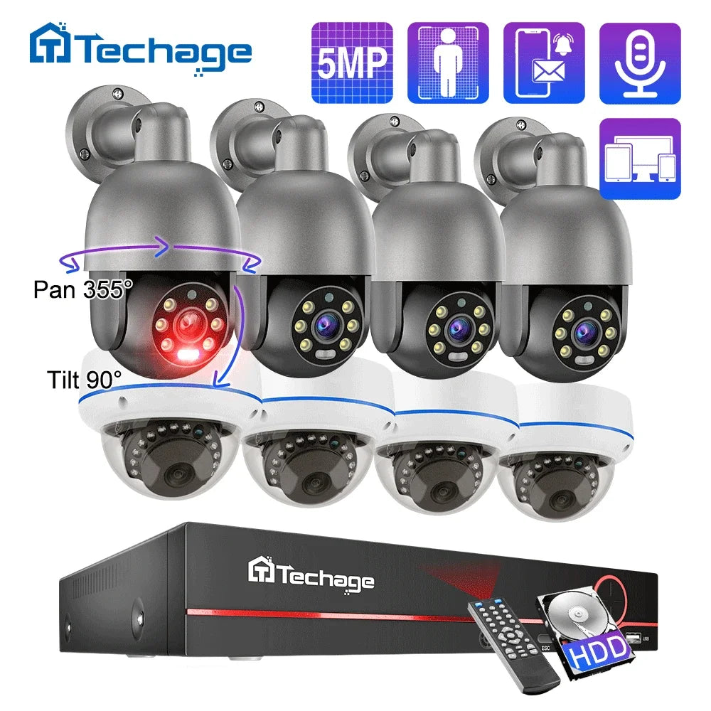Techage 8CH 5MP POE Camera System H.265 8CH PTZ Dome Camera Human Detection CCTV Video Home Security Surveillance Set PT825G-50P