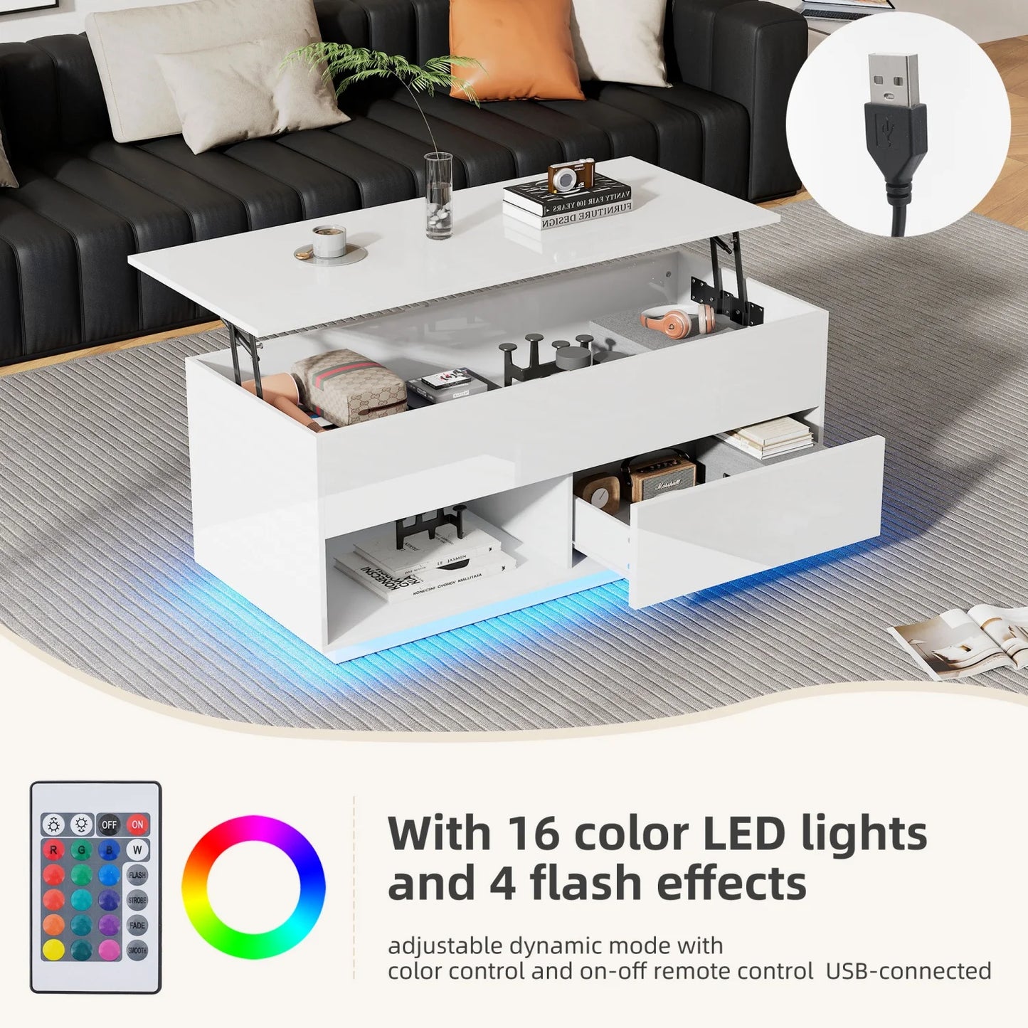 Hoogglans Salontafel – Koffietafel – Tafeltje – Woonkamertafel – Tafel Met Verstelbaar Blad – LED-Verlichting – Lade En Open Opbergruimte – 100x50x55 cm – Robuuste Constructie