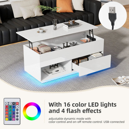 Hoogglans Salontafel – Koffietafel – Tafeltje – Woonkamertafel – Tafel Met Verstelbaar Blad – LED-Verlichting – Lade En Open Opbergruimte – 100x50x55 cm – Robuuste Constructie